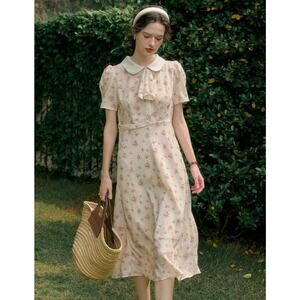Simple Retro Floral Peter Pan Collar Midi Dress Size Small NWT Cottagecore Retro